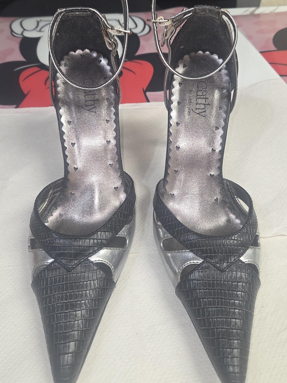 Cathy Black & Silver Pointed Toe Ankle Strap Heels Size 7.5